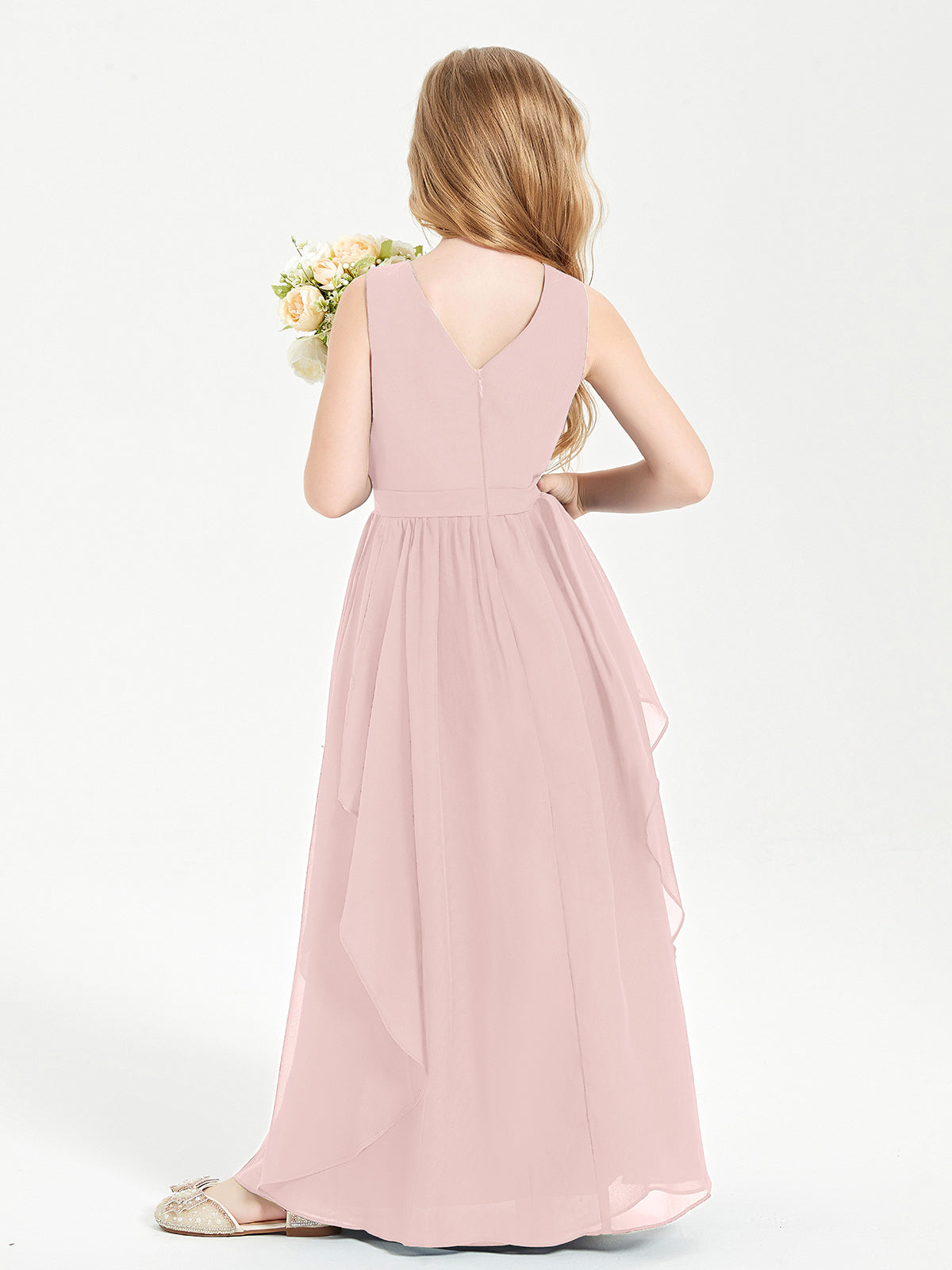 Boho Sleeveless Junior Chiffon Bridesmaids Gown Dusty Rose